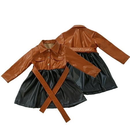 

KYAIGUO Kids Toddler Girls Faux Leather Jumper Dress for 1-7 Years Lapel Patchwork Leather Puff Dress Baby A Line Twirly Skater Versatile Party PU Leather Dress