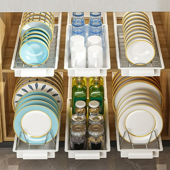 Pull Out Cabinet Organizer Stainless Steel Multifunctional Slide Out Shelves for Plates Kitchen Cupboard White
