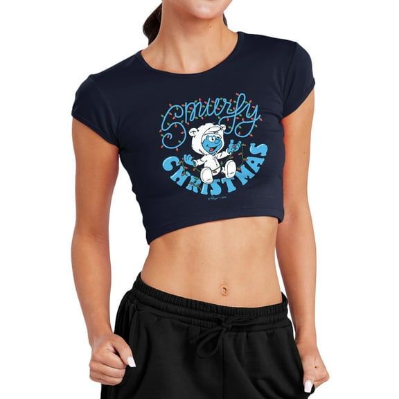 Smurfs Smurfy Christmas With Baby Smurf Women's Cap Sleeve Baby Rib Crop Top, Navy, Medium