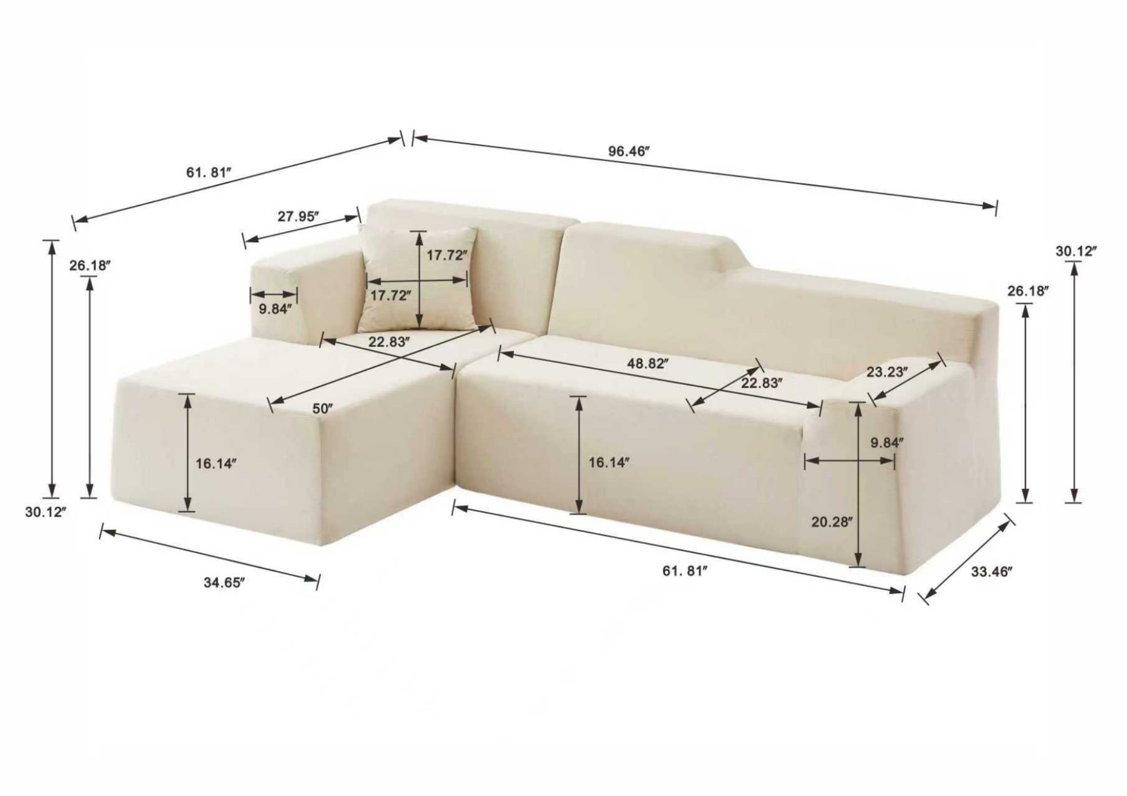 Aukfa 96" Modular Sectional Sofa, L-Shaped Cloud Couch with Left Facing Chaise, Corduroy 3-Seat Memory Foam Sofa for Living Room, Gray