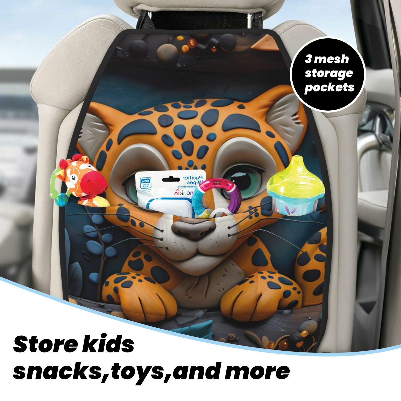Kdxio Playful Leopard Art Print 2 Pack Car Kick Mat Seat Cover Back Protector Mat with Pockets for Organizer Backseat Protector and Storage Anti Kick Pad for Vehicles
