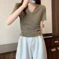thumbnail image 4 of Women's Summer Short Sleeve Sloping Shoulder Top Shirt Blouse Solid Color Round Neck Loose Fit Casual Daily Wear Vacation Beach Outfits Fashion Essential Gift for Women | Sopatenor,Khaki XL, 4 of 8