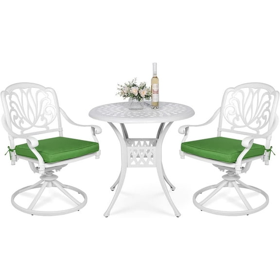 VIVIJASON 3-Piece Patio Furniture Dining Set, Outdoor All-Weather Cast Aluminum Bistro Set, Include 2 Swivel Chairs and 30.8" Round Table w/Umbrella Hole for Balcony, Lawn, Garden, Backyard, White