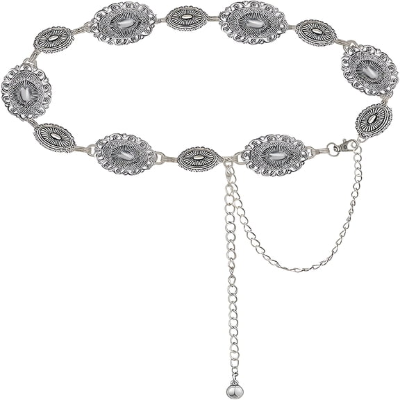 TELOLY Western Concho Belt Women Cowgirl Metal Belts Boho Silver Vintage Turquoise Chain Belt for Dress Jeans