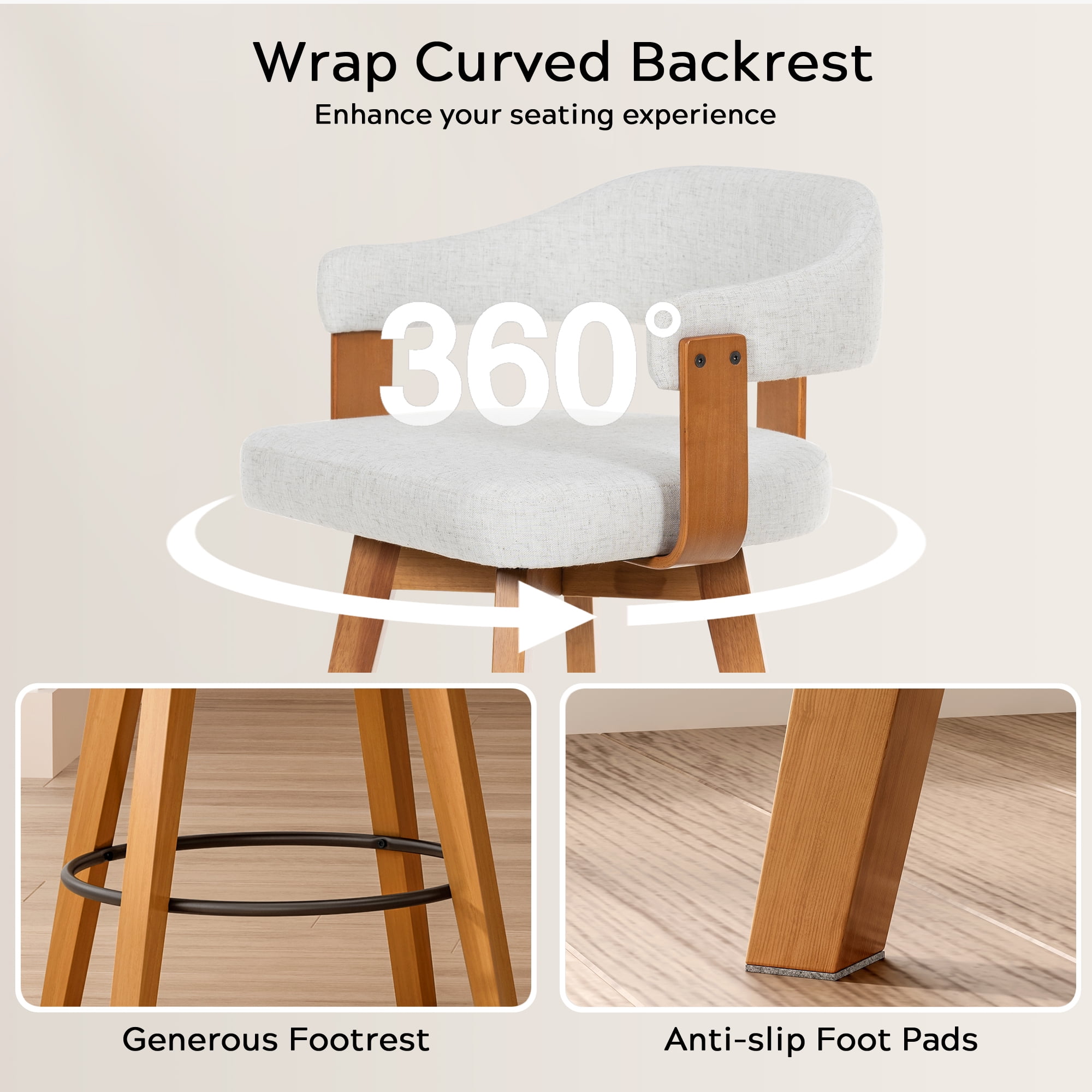 EYYTHUNG Swivel Bar Stools Set of 6, Modern Curved-Back 26-inch Counter Barstools with Armrests, Linen Upholstered Wooden Stools for Kitchen & Home Bar Seating, Beige