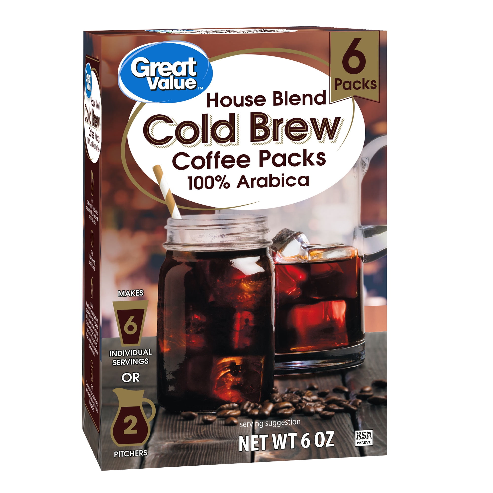 Great Value House Blend Cold Brew Coffee Packs, 6 count, 6 oz Walmart