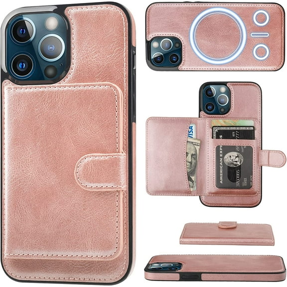 Wallet Case for iPhone 13 Pro Max Compatible with MagSafe Magnetic RFID Blocking Detachable Premium PU Leather Flip Case with Card Slots Holder Kickstand Wireless Charging 6.7 Inch (Rose Gold)