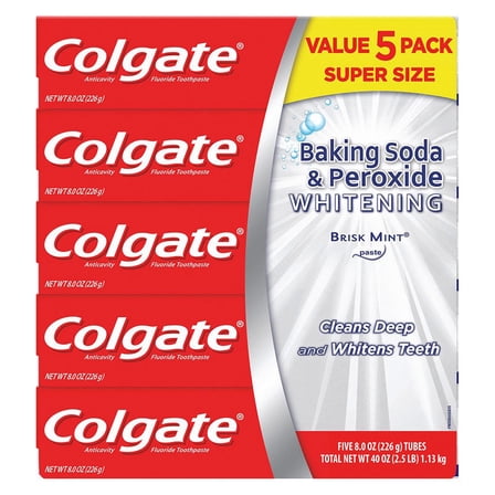 Colgate Baking Soda and Peroxide Whitening Toothpaste, Brisk Mint Paste, 5 Pack, 8 Ounces