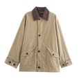 thumbnail image 4 of HH TRAF Abrigo holgado de lona con una botonadura para mujer, chaqueta informal de manga larga con cuello vuelto y bolsillos, 2 colores, para otoño, 4 of 5
