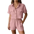 thumbnail image 2 of Mifsaly 2 Piece Linen Set for Women Short Sleeve Button Down Cropped Shirt and High Waisted Shorts with Pockets Summer Casual Work Vacation Matching Outfits Pink,S, 2 of 8