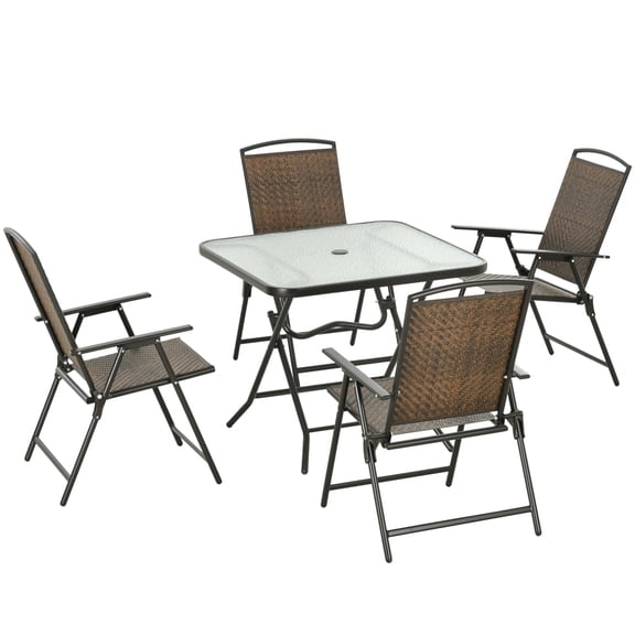 Miekor Furniture 5 Pieces Wicker Patio Dining Set, Foldable Outdoor Table and Chairs, Wicker Furniture Dining Set with Umbrella Hole, Tempered Glass Table, Dark Brown 26103