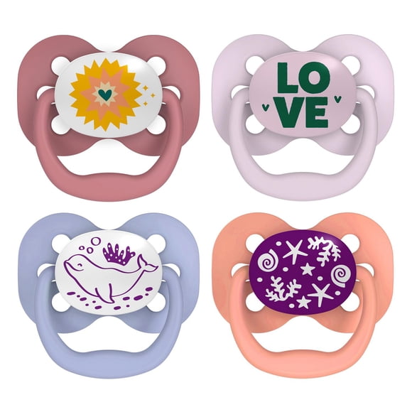Dr. Brown's Advantage 100% Silicone, Glow in the Dark Pacifier Love Purple Ocean 0-6M, 4 pack