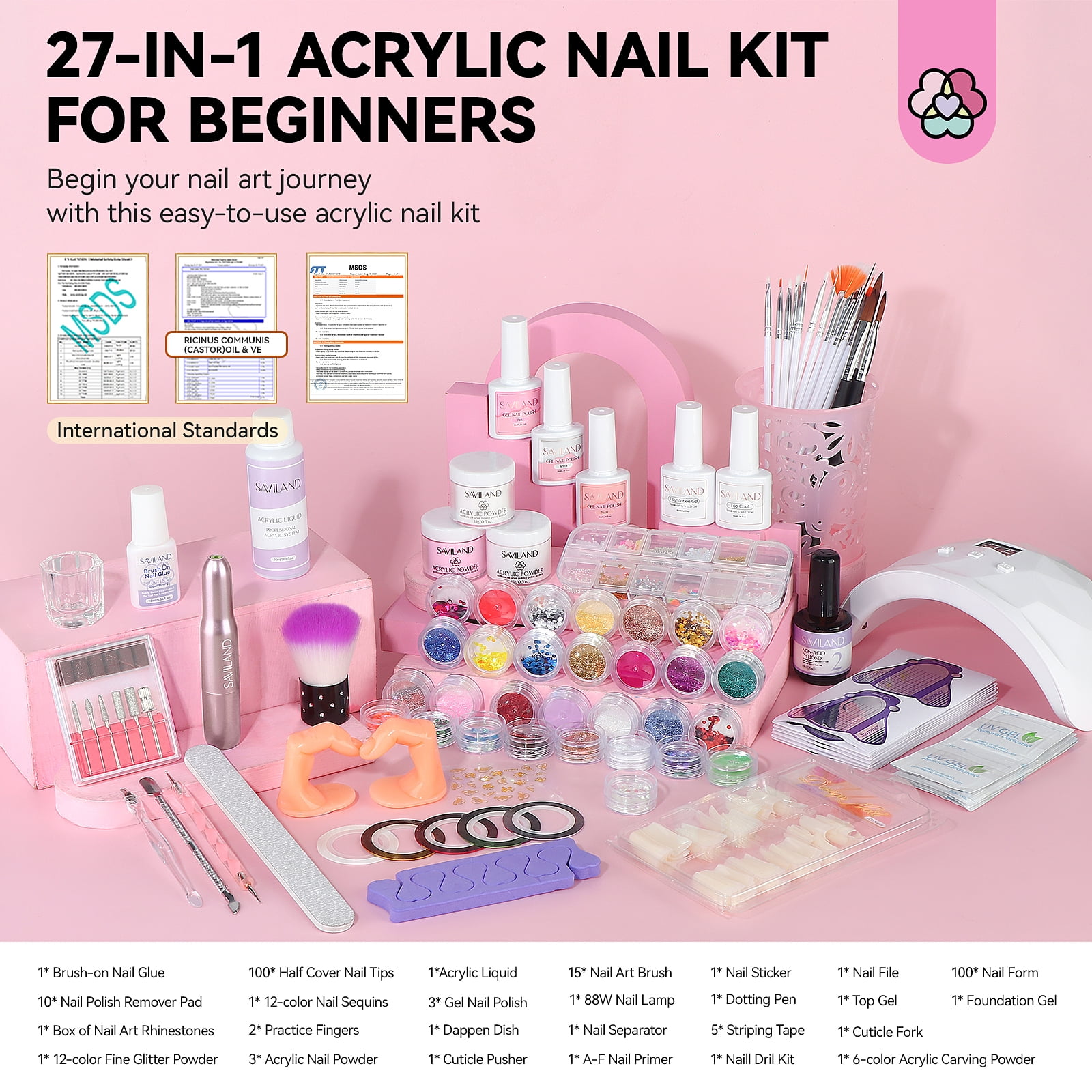SAVILAND Complete Acrylic Nail Kit with U V Light : Acrylic Powder and Acrylic Liquid with Gel Nail Polish Nail Decoration Nail Art for Beginners