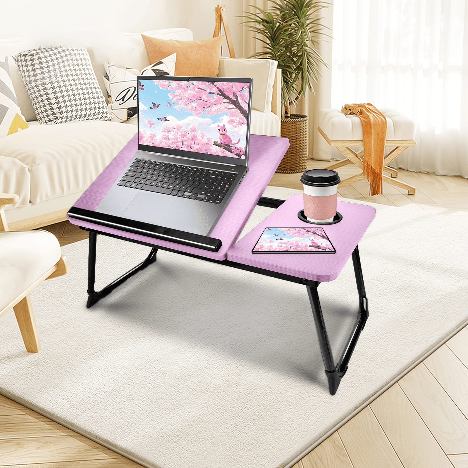 Laptop Bed Tray Table, WLRETMCI Foldable Lap Desk for Bed and Sofa, Laptop Desk Notebook Stand for Eating Breakfast, Reading,Pink