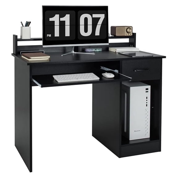 Computer Desk with Hutch, Home Office Desk with Drawer, Adjustable Shelf & Keyboard Tray, Study Writing Desk, Executive Workstation for Living Room, Bedroom & Study (Black)