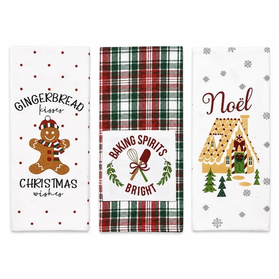 Serafina Home Christmas Kitchen Towels- Set of 3 White 100% Cotton Printed Gingerbread House Noël, Baking Spirits Bright Plaid, and Gingerbread Man Christmas Wishes Design-25 x 15 Multipurpose Towels