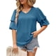 thumbnail image 2 of Blusa de manga corta con volantes para mujer, cuello en V, manga abombada, blusa lisa, Tops holgados para citas en el trabajo, 2 of 6