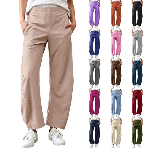HomeDM Women's Pants Lounge Wide Leg with Pockets Quick Dry Elastic Waist Casual Trousers Khaki Athletic Work Pants Size L