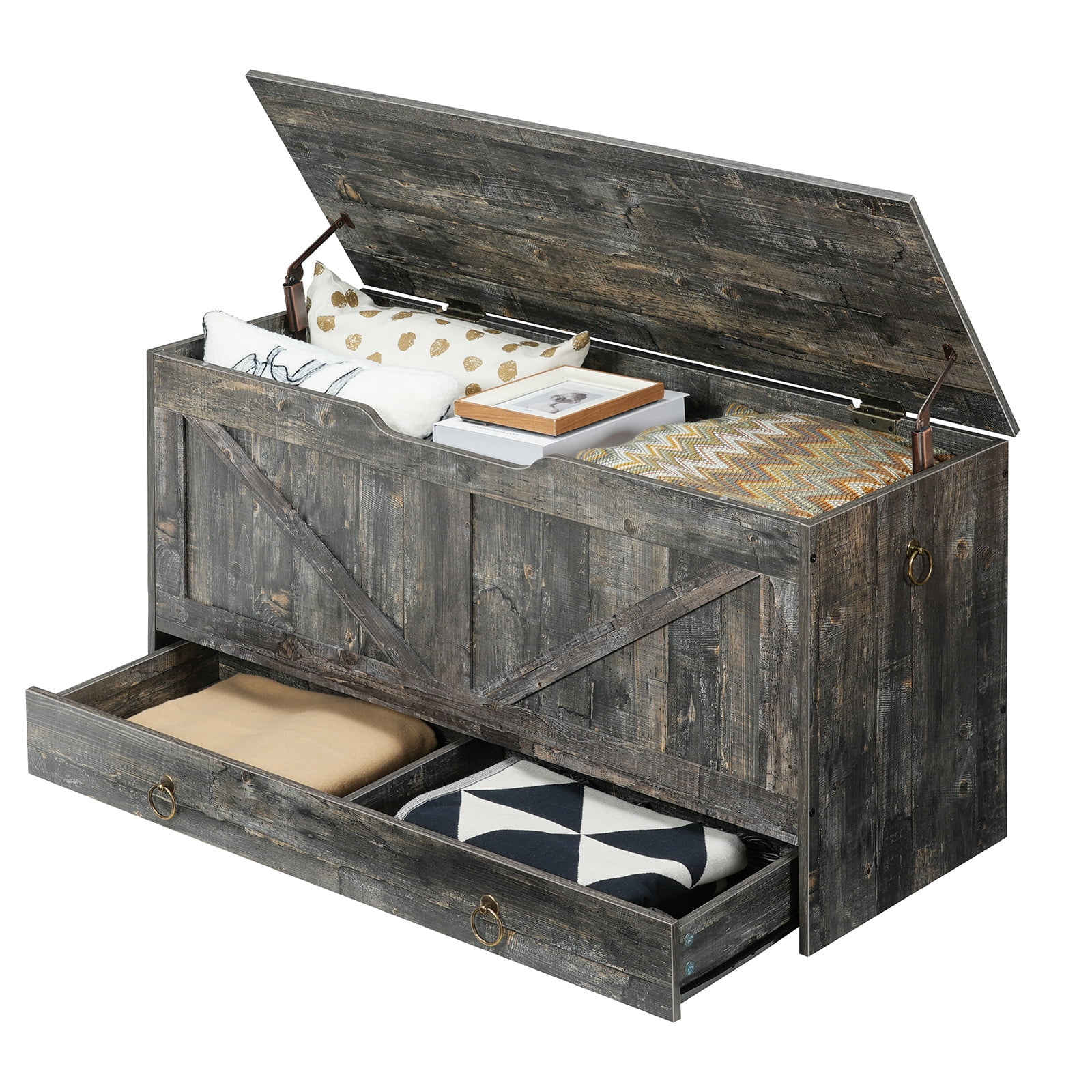 HOOBRO 39.3"  Storage Chest with Drawer, 220-lb Capacity, Safety Hinge, Vintage Gray