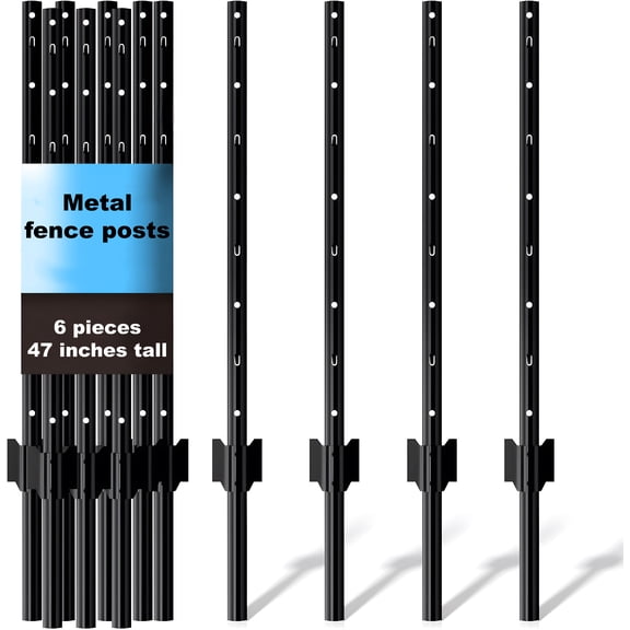 6 Pack 4FT U-Shaped Metal Fence Posts, No-Dig Rustproof Fence Stakes with Adjustable Hooks for Wire Mesh, Garden Boundary & Plant Protection, Black