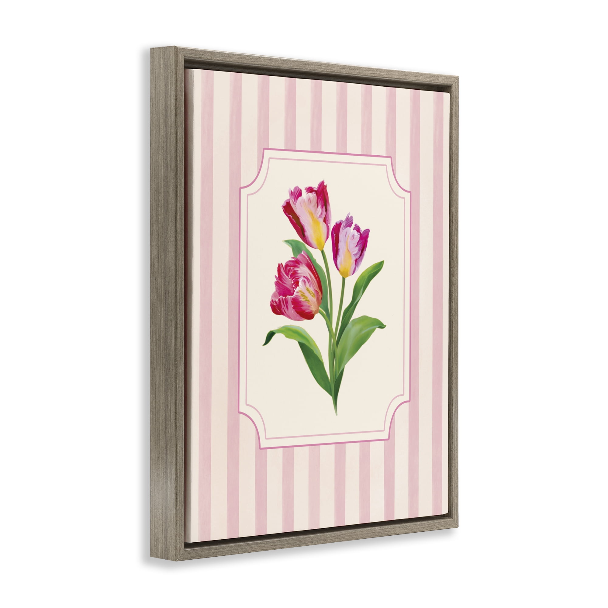 Stupell Industries Magenta Tulips over Stripes Brown Framed Floater Canvas Wall Art, design by Diane Neukirch