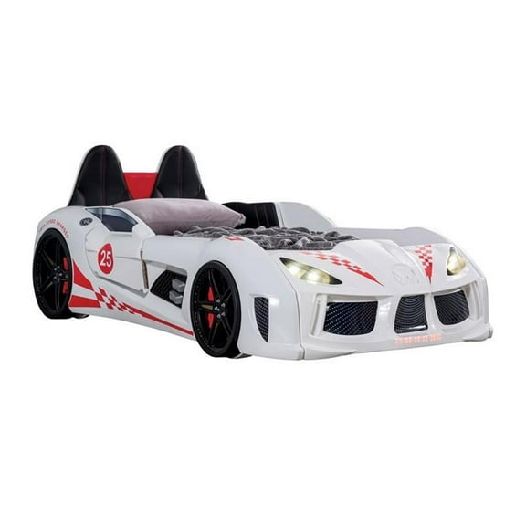 Pemberly Row Plastic Twin Race Car Bed with LED Light in White