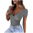 thumbnail image 3 of Fengqque Women's Knitted Rib T Shirt Half Zip V Neck Short Sleeve Casual Summer Slim Fit Top Gray L(L), 3 of 6