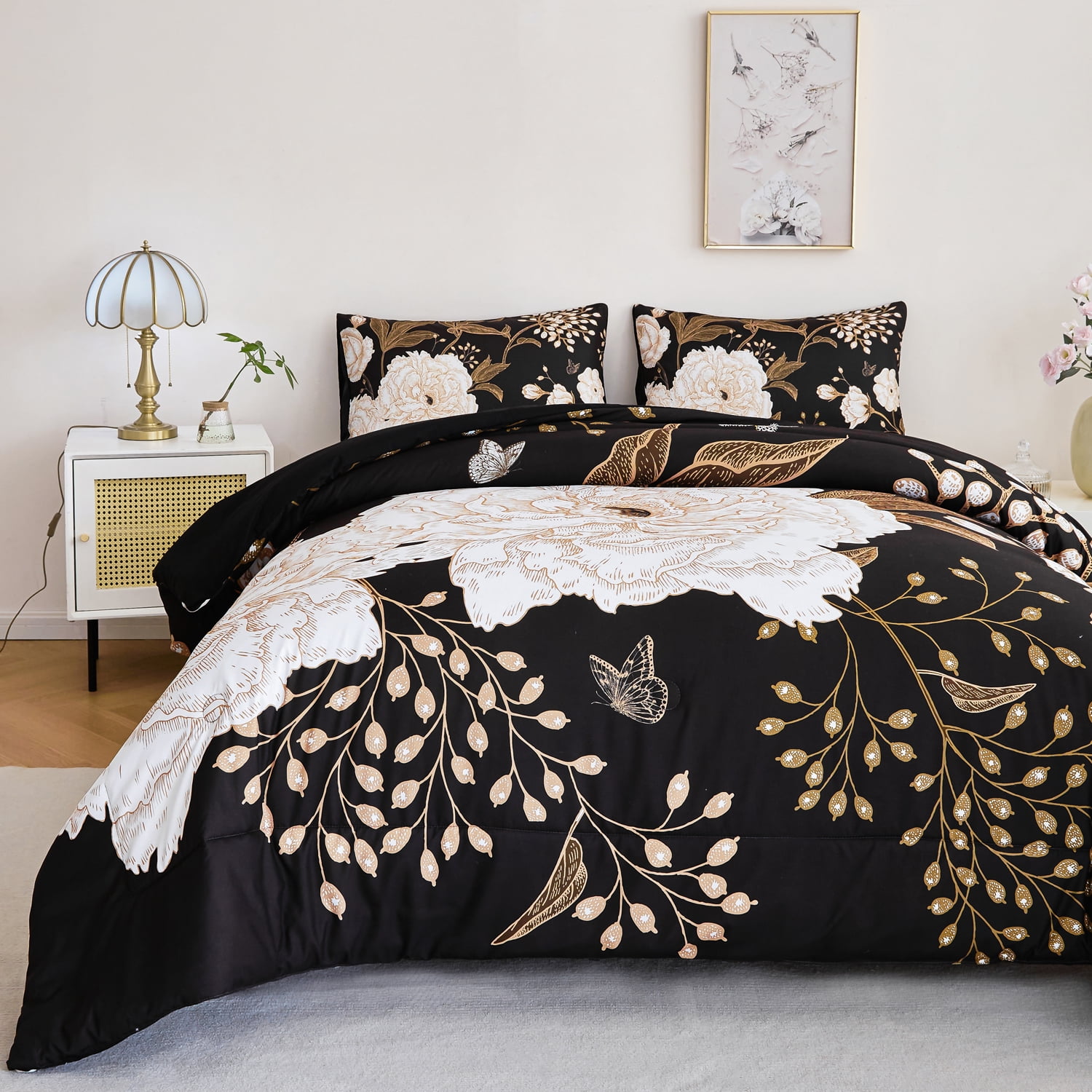URBONUR Black Floral Full Comforter Set Printed Comforter White Flowers Butterfly Bedding Set 3 Pieces Botanical Farmhouse Comforter with 2 Pillowcases