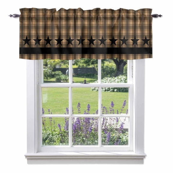 Checkered Stars Valances for Windows, Retro Brown Black Plaid Art Valance Window Treatment Rod Pocket Short Curtains Valances for Kitchen Bathroom 56"W x 16"L