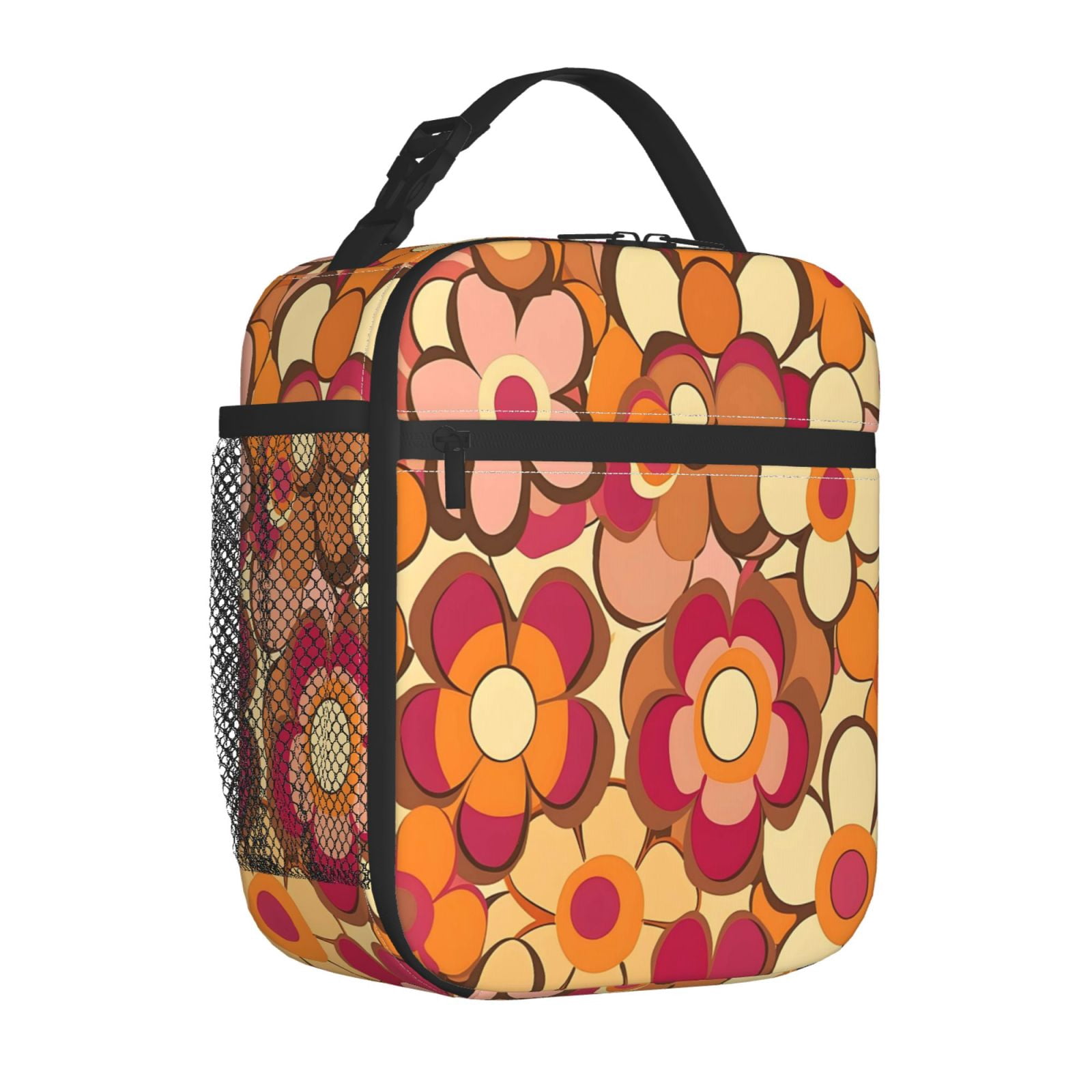 Lunch Bag For Women Men Insulated Portable Lunch Box Bento Box Office Picnic Travel Cooler Bag Retro Groovy Flowers Pattern (13)