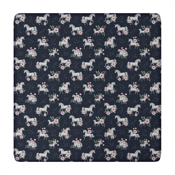 Blue Cartoon Unicorn Flower Pattern Square Fitted Tablecloth with Elastic Edge,Square Table Cover,Washable Elastic Table Cover for Home Kitchen Party Decor 34"x34"