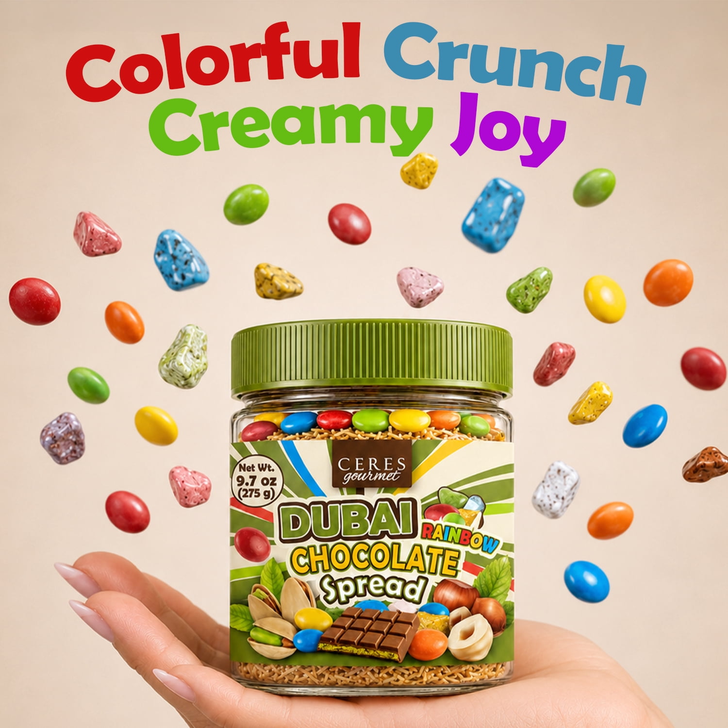 Ceres Gourmet Dubai Chocolate Spread with Candy-Coated Chocolate Pieces & Chocolate Pebbles | Pistachio Cream & Crispy Kataifi Phyllo | Belgian Chocolate | Gourmet Dessert & Breakfast Spread | 9.7 oz