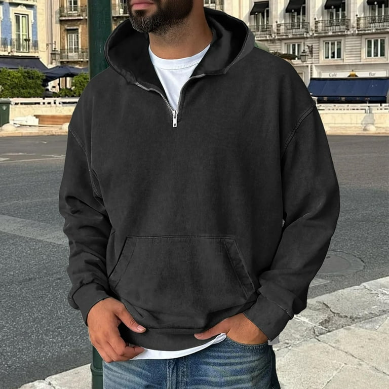 Men's Half Zip Denim Hoodie Pullover Sweatshirt Jean Jacket with