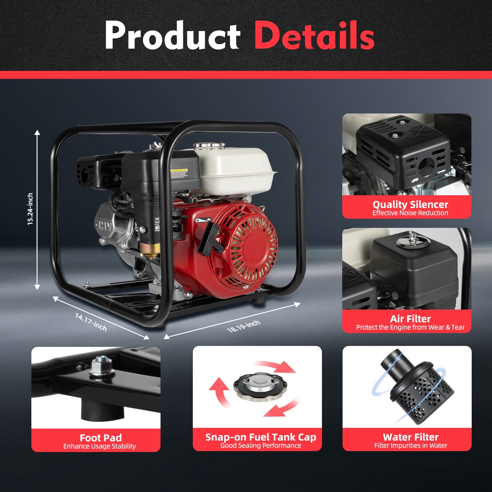 2" Inch 6.5HP Gas Water Semi Trash Pump Gas-Power Water Irrigation Transfer Pump