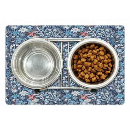 Jacobean Pet Mat for Food and Water, Spring Themed Floral Damask with Petals Oriental Motif on Stripes, Non-Slip Rubber Mat for Dogs and Cats, 18