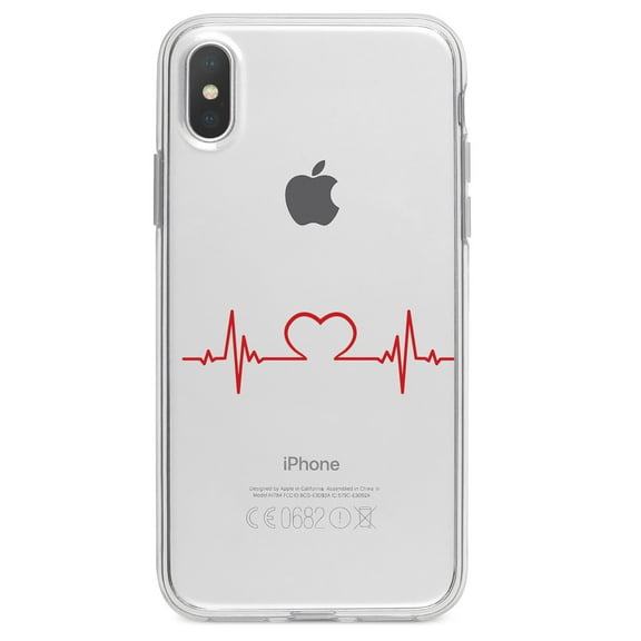 DistinctInk Clear Shockproof Hybrid Case for iPhone X / XS (5.8" Screen) - TPU Bumper Acrylic Back Tempered Glass Screen Protector - Heart Pulse EKG Red Valentine
