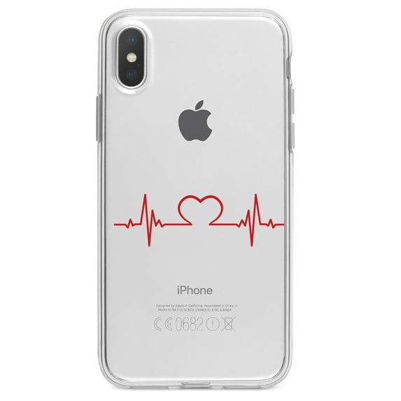 DistinctInk Clear Shockproof Hybrid Case for iPhone X / XS (5.8" Screen) - TPU Bumper Acrylic Back Tempered Glass Screen Protector - Heart Pulse EKG Red Valentine