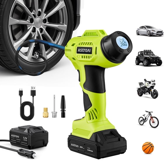 AstroAI Cordless Tire Inflator 160PSI, Portable Air Compressor Dual Power with 12000mAh Rechargeable Battery 12V DC Adapter, Tire Pump Air Pump for Car Tires Auto Shutoff, Digital Pressure Gauge, LED