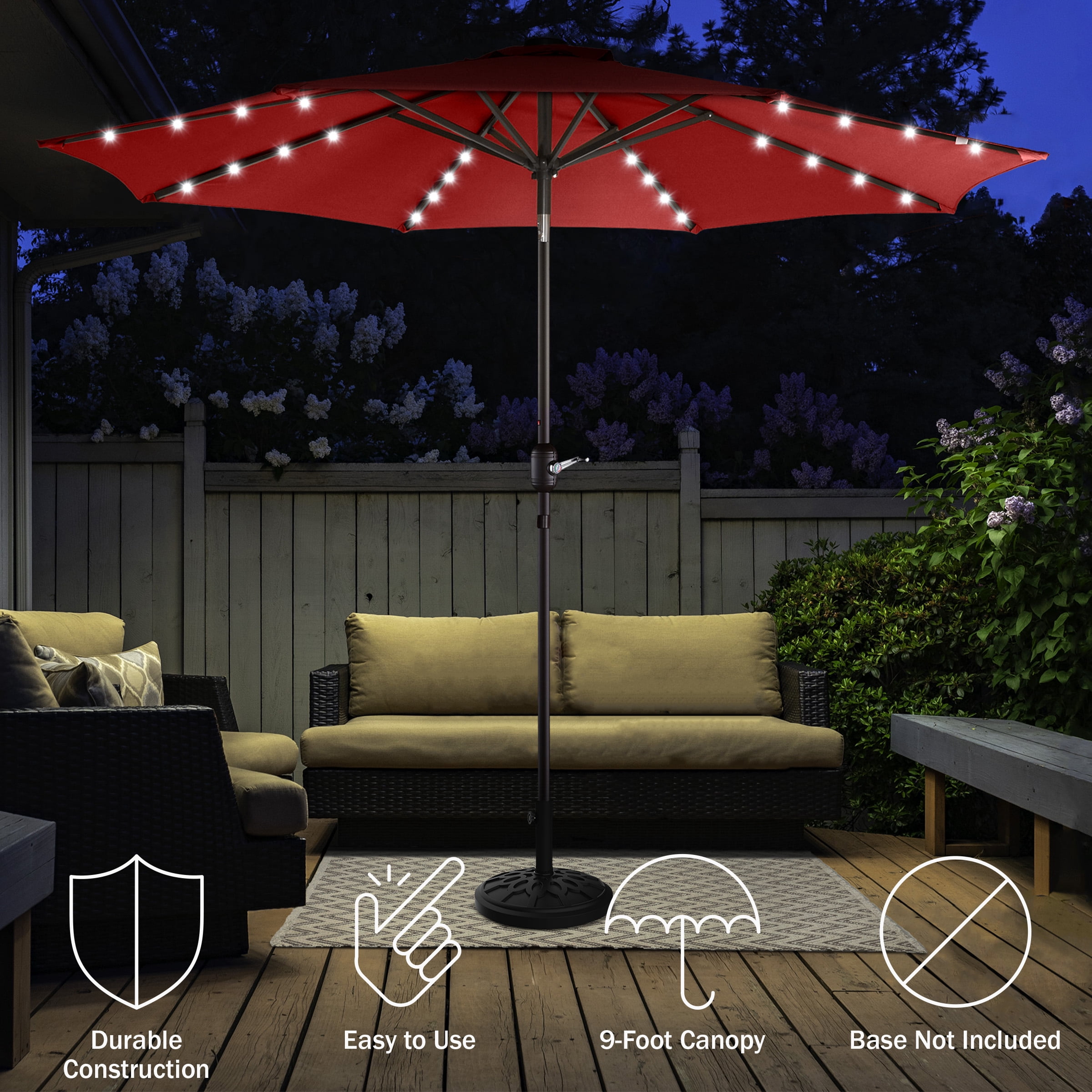 Villacera 9FT Outdoor Patio Umbrella with Solar Lights and Tilt, Red