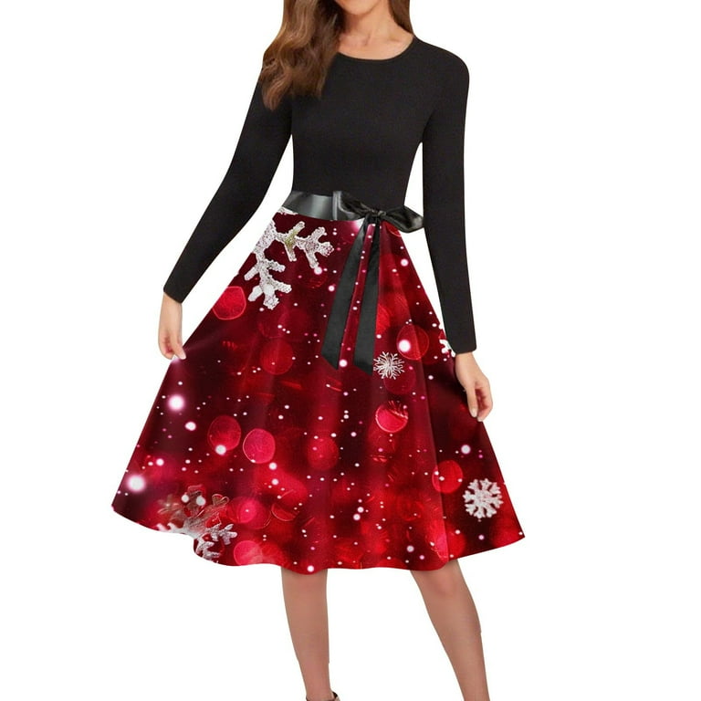 Mifsaly Vintage Christmas Dresses Women Long Sleeve Crewneck Elegant  Cocktail Dress Xmas Holiday Party Tunic Evening Gowns 2025 Bright Snowflake  Print ...
