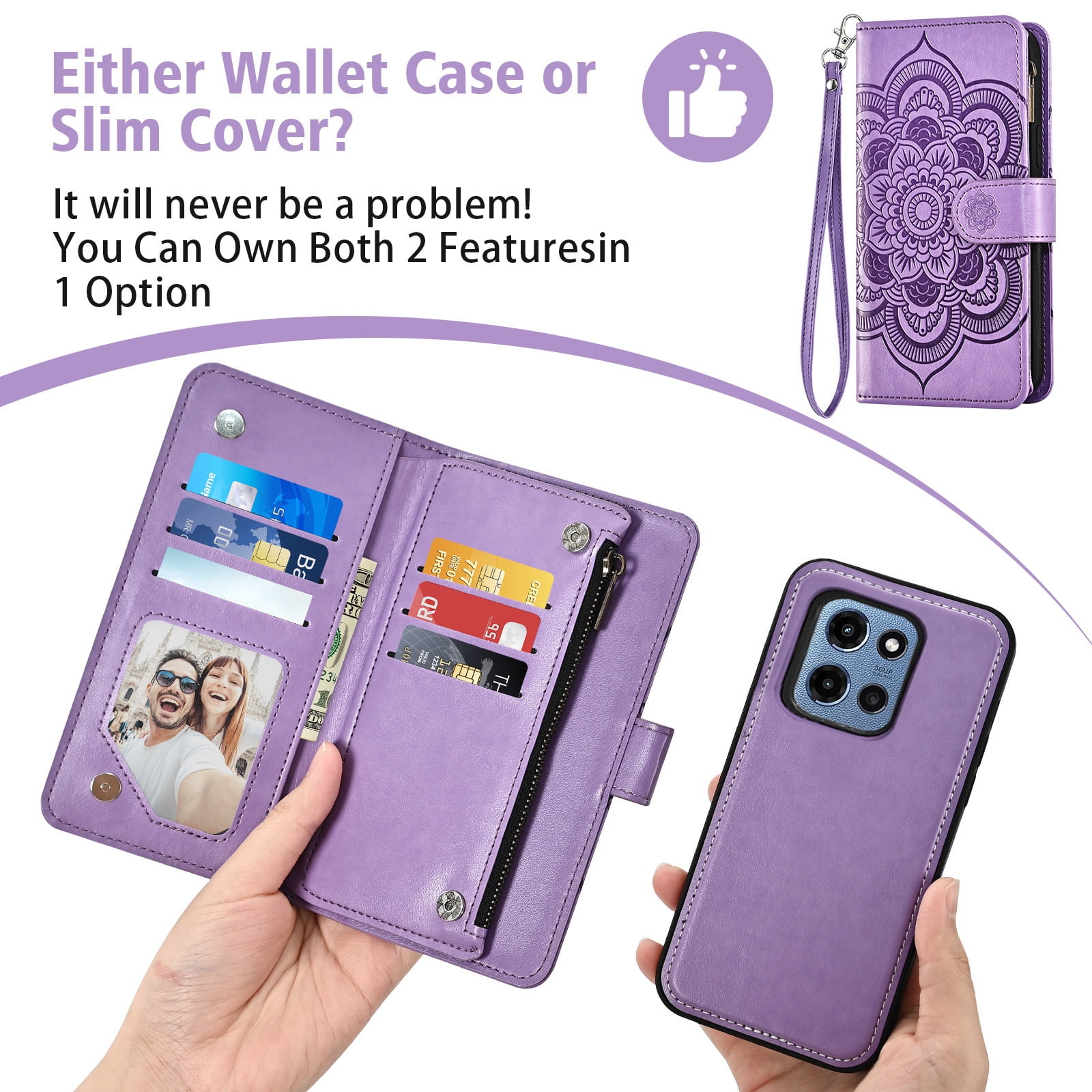 Asuwish Phone Case for Motorola Moto G 5G 2025 Zipper Wallet Magnetic Detachable Cell Cover with Tempered Glass Screen Protector Crossbody Strap Flower Card Holder Slot G5G 5 G G5 Women Girls Purple