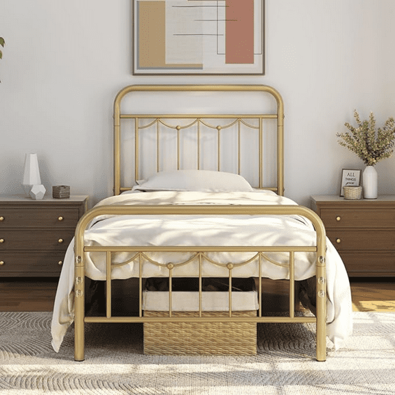 Twin Size Metal Bed Frames with Vintage Headboard and Footboard, Farmhouse Metal Platform Bed, Heavy Duty Steel Slat Support, Ample Under-Bed Storage, No Box Spring Needed, Antique Gold