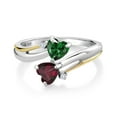 thumbnail image 2 of 925 Silver and 10K Yellow Gold Green Nano Emerald Red Rhodolite Garnet and Lab Grown Diamond 2 Heart Promise Couple Engagement Mother Ring (1.07 Cttw, Gemstone Birthstone, in Size 5, 6, 7, 8, 9), 2 of 5