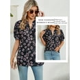 thumbnail image 4 of SLADYGLO Women Floral Print V Neck Puff Short Sleeve Pleated Mesh Cutout T-Shirt, 4 of 7