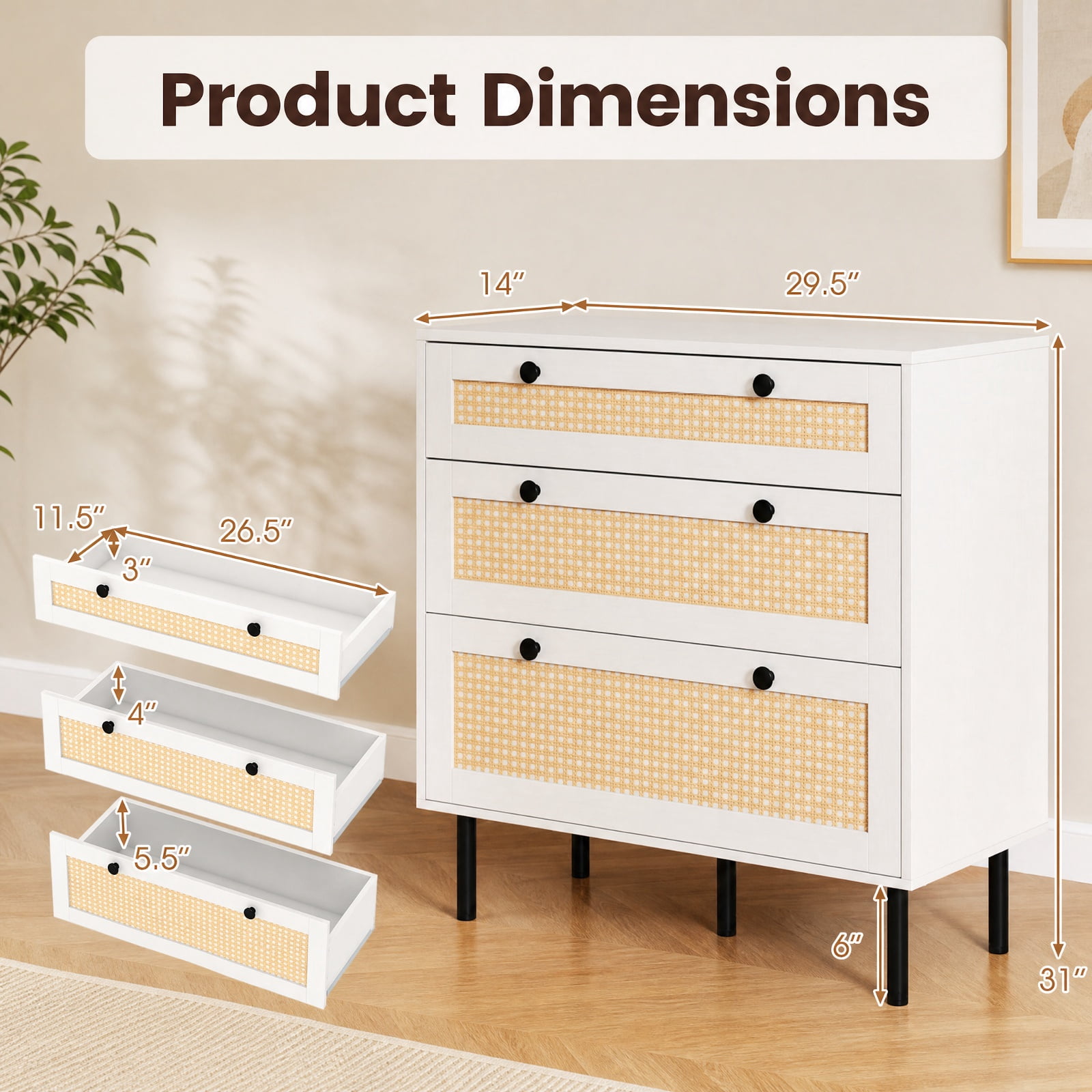 Furnibear 3-Drawer Rattan Nightstand Boho Chest of Drawers for Bedroom for Bedroom Closet Living Room Nursery Clothes Storage, White
