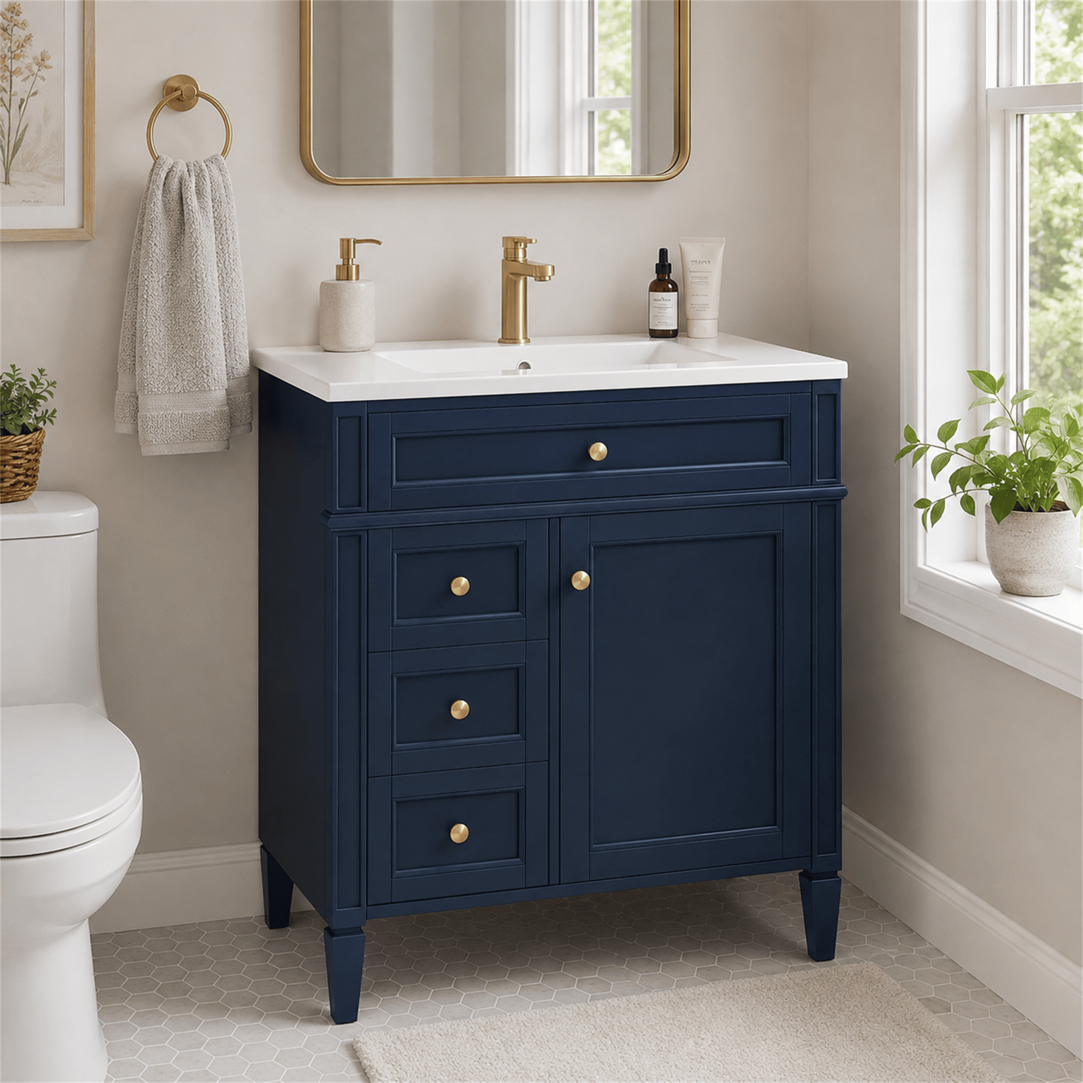 Homy Casa 30" Freestanding Bathroom Vanity with Ceramic Sink, 3 Drawers Navy Blue