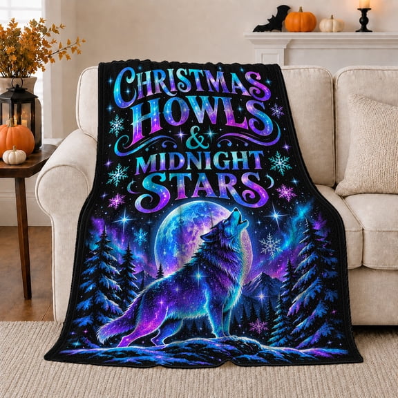 Christmas Howls Midnight Stars Howling Wolf Starry Night, Peaceful Mountain Lake Scene, Warm Flannel Blanket for Cabin and Lodge, Outdoor Lovers Christmas Gift, Festive Home Decor