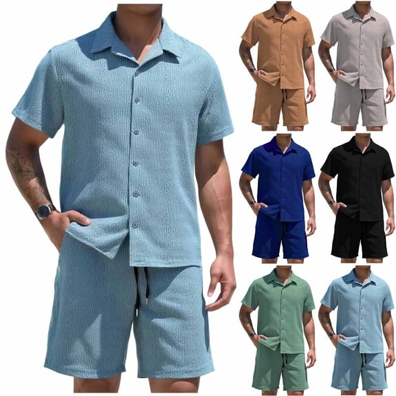 Miluxas Mens 2PC Beach Hawaii Sets Button Down Short Sleeve Collared Shirt High Waist Shorts Summer Spring Soft Tropical Outfits Light Blue XL(XL)
