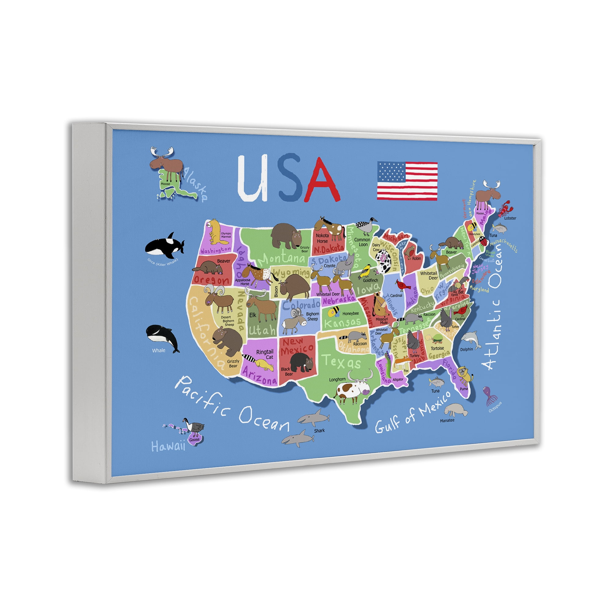 Stupell Industries United States Animal Map Travel & Places Painting White Framed Art Print Wall Art, 24 x 16