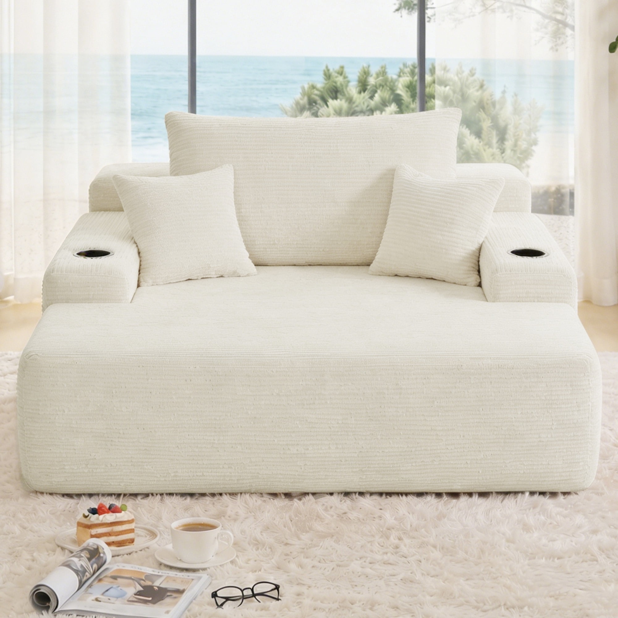 Leumius Oversized Chaise Lounge Chair Indoor,Upholstered Corduroy Cloud Couch Boneless Sofa Bed with Wide Armrest & Throw Pillows,Cup Holder for Living Room,Bedroom,No Assembly Required,Beige